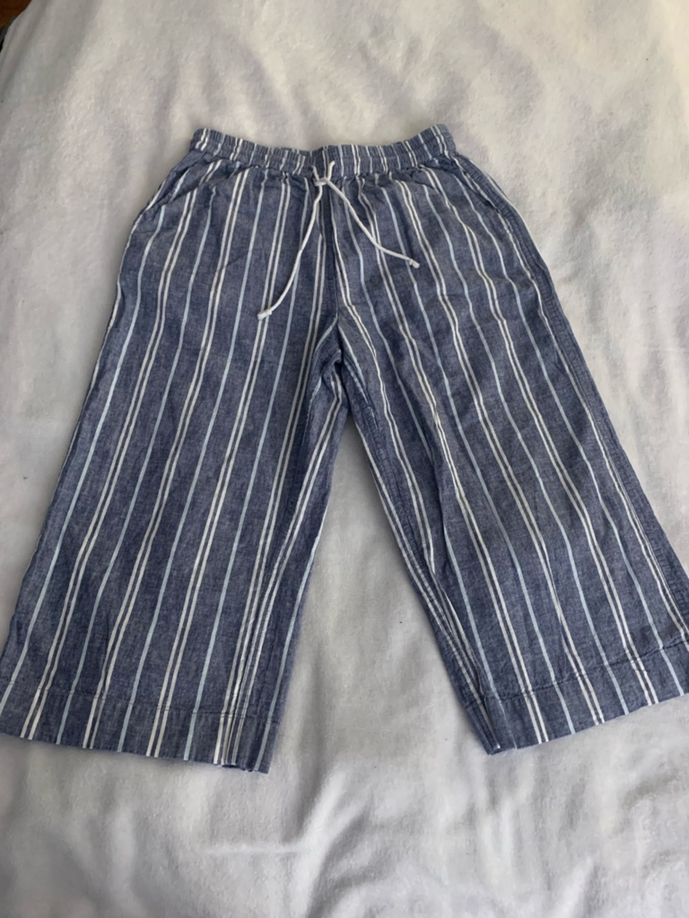 beachlunchlounge Blue and White Striped Wide Leg Linen Cotton Blend Crop Pants S - Picture 11 of 16